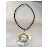 White Carved Shell Floral Necklace On Leather Cord