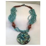 Wood & Turquoise Beaded Abalone Necklace