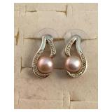 Pink Pearl & Diamond Earrings Set in Sterling