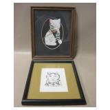 2 Framed Cat Art - Textile & Print