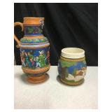 Hand Painted Ceramic 13" Pitcher & 6.5" Vase