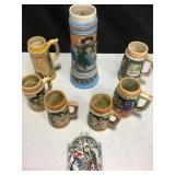 7 Hand-Painted Ceramic Beer Steins - 11.5" Tallest