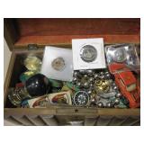 Jewelry Box w/ Coins, Casino Chips, Stamps & More