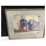 Vintage Framed Shipyard Watercolor 25" x  20"