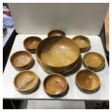 Vtg Turned Wood Salad Bowl w/ 8 Serving Bowls