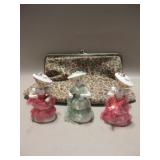 Vtg Purse / Bag & 3 Vtg 4.5" Ceramic Figurines
