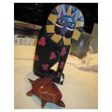 Hand Carved Wood Cat Decor & Turtle Trinket Box