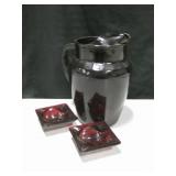 Vintage Cranberry Glass Pitcher & 2 Ashtrays