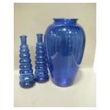 3 Blue Glass Vases - 12" Tallest