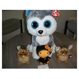 2 Furbys, Large Beanie Baby Wolf & Smaller Cat