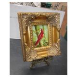 Framed Cardinal Oil Painting w/ Brass Stand