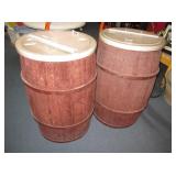 2 Retail Wood Barrels w/ Plastic Inserts w/ Lids