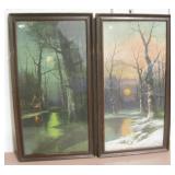 2 Antique Framed Prints - 11.5" x 22" Each
