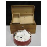 Wood Box & Tin w/ Buttons & Sewing Notions