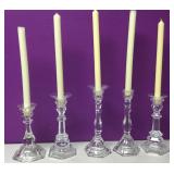 Lot Of 5 Glass Candlesticks & Candles Lot Of 5 Glass Candlesticks & Candles