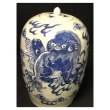 Scarce Antique Blue & White Celadon Foo Dog Jar #1