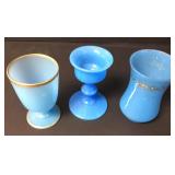 Lot Of 3 Antique Blue Opaline Glass Pieces