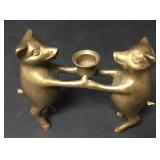 Vintage Brass Double Pigs Candleholder 5"