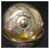 Vtg Chinese Enameled Brass & Stone Lidded Bowl 4" Vtg Chinese Enameled Brass & Stone Lidded Bowl 4"