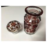 Ruby Bohemian Cut To Clear Glass Lidded Jar 6" Ruby Bohemian Cut To Clear Glass Lidded Jar 6"