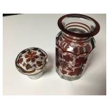 Ruby Bohemian Cut To Clear Glass Lidded Jar 6"