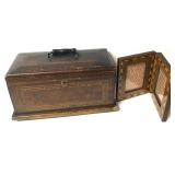 Antique Marquetry Wood Box With Key & Frame Antique Marquetry Wood Box With Key & Frame