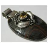 2" Tiger Eye & Citrine 925 SS Plated Pendant