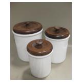 Vtg 3pc Ceramic Kitchen Canister Set w/ Wood Tops
