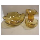 3 Amber Folded Rim Glass - 2 Bowls & Vase