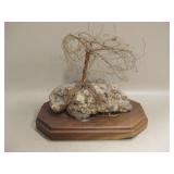 Copper Wire Tree Over Rock Art - Wood Base