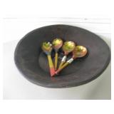 4 Hand Painted Russian Spoons & Carved Wood Bowl