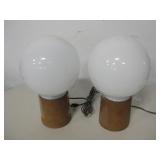 2 Vtg White MCM  Sphere Wood Table Lamps