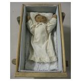Antique Stuffed Baby Doll In Wood Drawer Crib