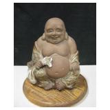 Ceramic Buddha On Wood Base - 9.5" Tall