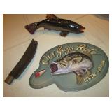 12" Glass Trout, Vtg Fishing Knife & Metal Sign