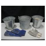 3 Galvanized Pails & 2 Pairs Of Gloves - 9" Tall