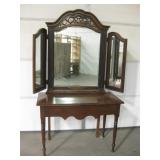 Vintage Wood  Rolling Table w/ Tri-Fold Mirror