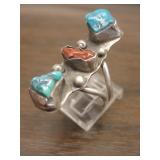 Vintage Sterling Silver Coral & Turq  Native  Ring