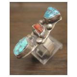 Vintage Sterling Silver Coral & Turq  Navajo  Ring
