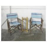 2 Folding Wood & Fabric Chairs & Plant Table