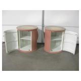 2 Pink Drum-Shaped Cabinets w/ Gold-Leaf Glass Top