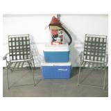 2 Patio Chairs, 2 Ice Chests & 1 Shop Vac Hangup