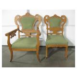 2 Antique Golden Oak Wood Chairs - 1 w/ Arms