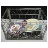 Vtg 6 Gallon Milk Crate w/ Vtg Porcelain Plates