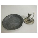 2 Silver-Toned Collectibles - Small Tray & Cat