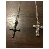 Lot Of 2 Sterling Small Cross Pendants w/ Chains