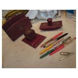 Antique Red Leather Desk Set, Commemorative Pens