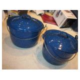 2 VTG Enamelware Blue Camping Pots/Lids 6", 5"
