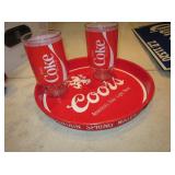 13" Coors Beer Tin Tray, 2 8" Coke Tumblers
