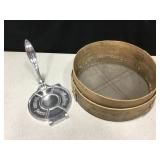 Metal Tortilla Press & Vtg Wood w/ Metal Sieve